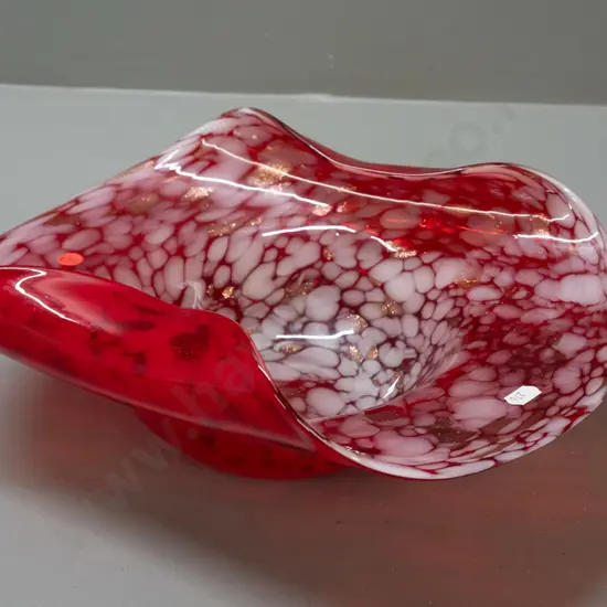 large art glass bowl - folded design red, mottled white and clear with copper inclusions H-130 W-370