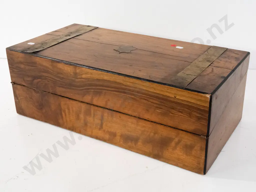 vintage walnut writing box with blank brass inset in top, tooled buckram inset writing slope, 3 small drawers in secret Image 1++