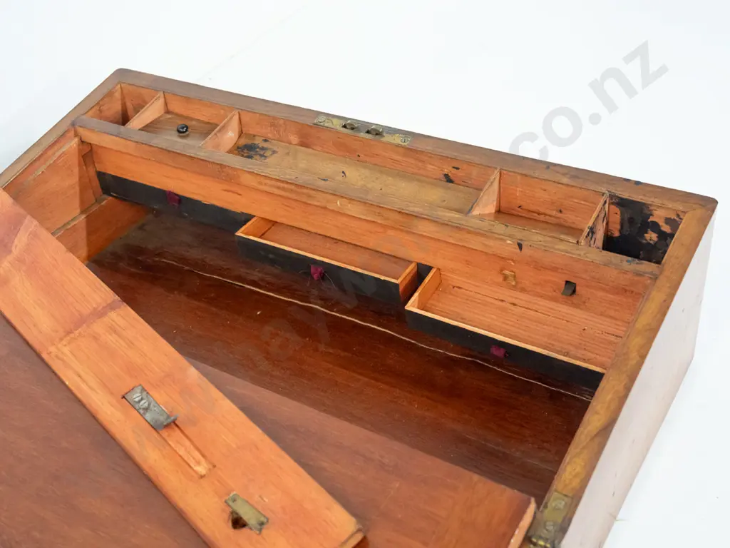 vintage walnut writing box with blank brass inset in top, tooled buckram inset writing slope, 3 small drawers in secret Image 1++