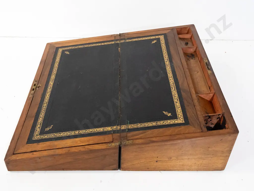 vintage walnut writing box with blank brass inset in top, tooled buckram inset writing slope, 3 small drawers in secret Image 1++