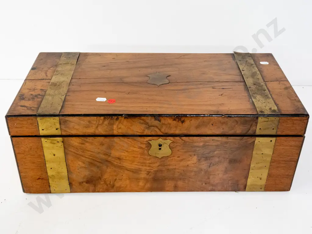 vintage walnut writing box with blank brass inset in top, tooled buckram inset writing slope, 3 small drawers in secret Image 1++