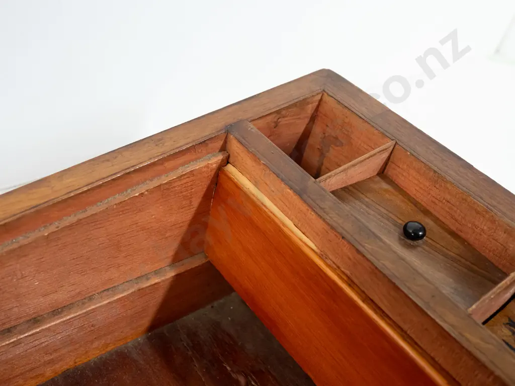 vintage walnut writing box with blank brass inset in top, tooled buckram inset writing slope, 3 small drawers in secret Image 1++