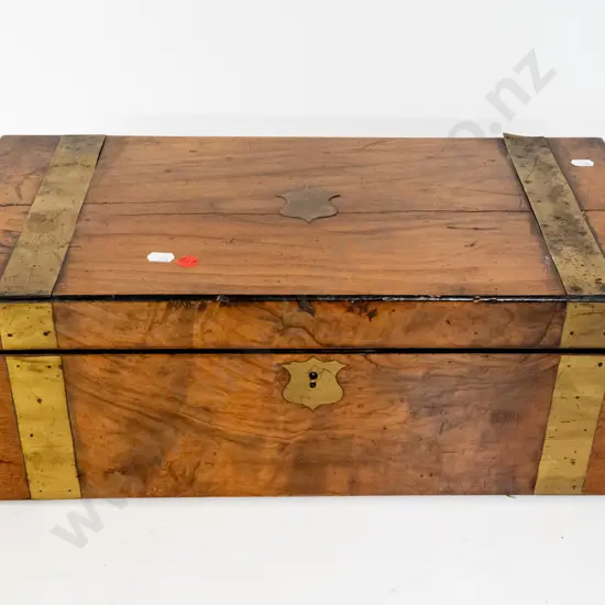 vintage walnut writing box with blank brass inset in top, tooled buckram inset writing slope, 3 small drawers in secret
