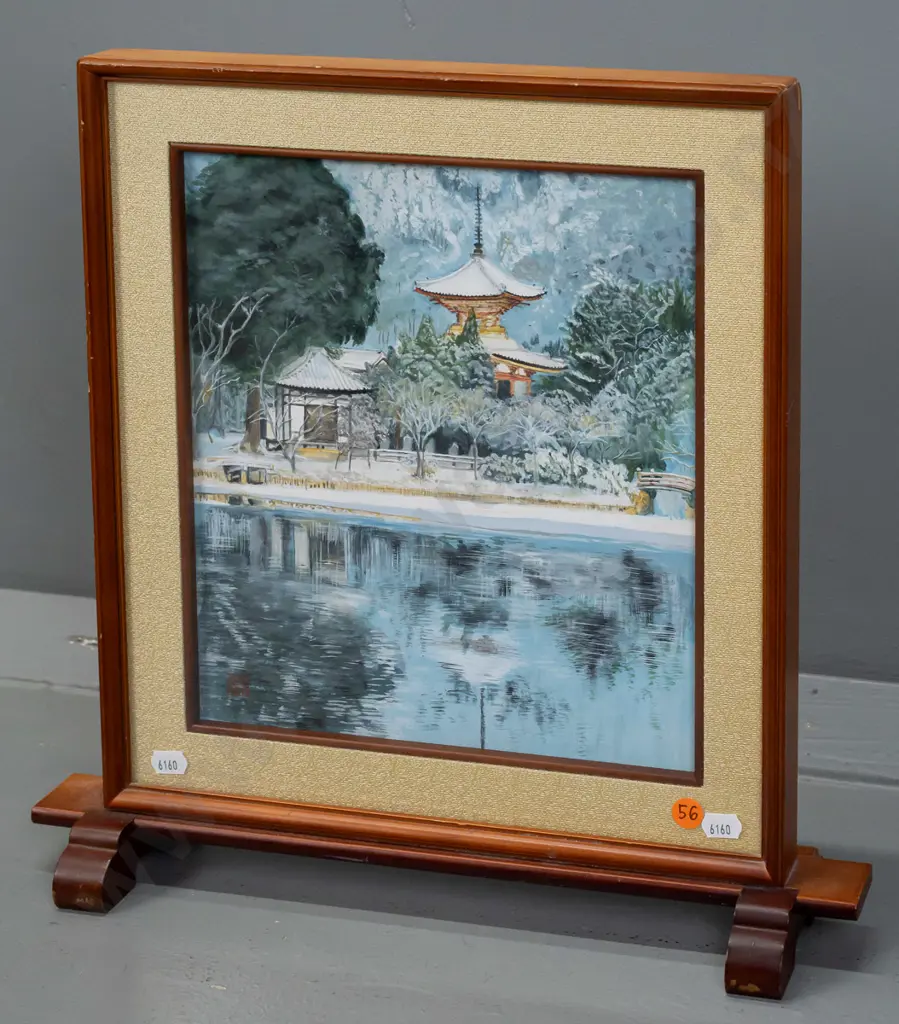 Tabletop-framed gouache on paper, Asian winter garden scene H-260 W-230 Image 1++