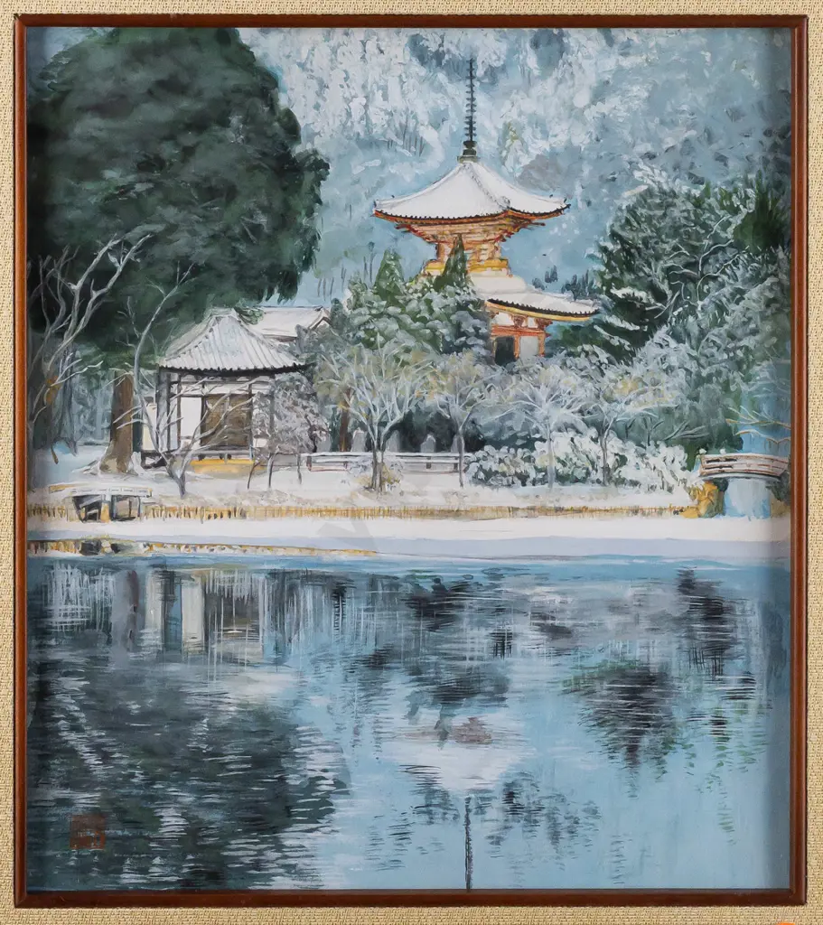 Tabletop-framed gouache on paper, Asian winter garden scene H-260 W-230 Image 1++