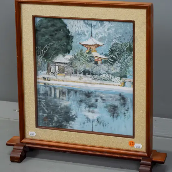 Tabletop-framed gouache on paper, Asian winter garden scene H-260 W-230