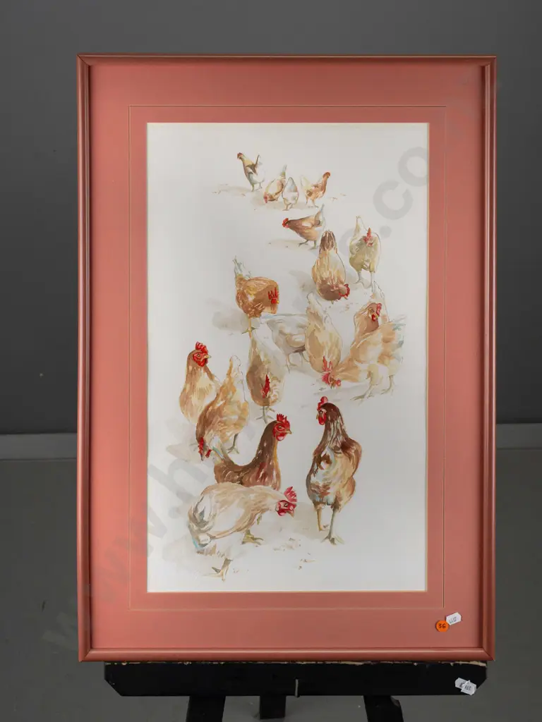 No signature -- framed watercolour and pencil on paper, group of hens H-550 W-330 Image 1++