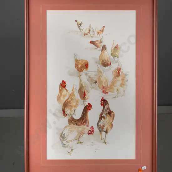 No signature -- framed watercolour and pencil on paper, group of hens H-550 W-330
