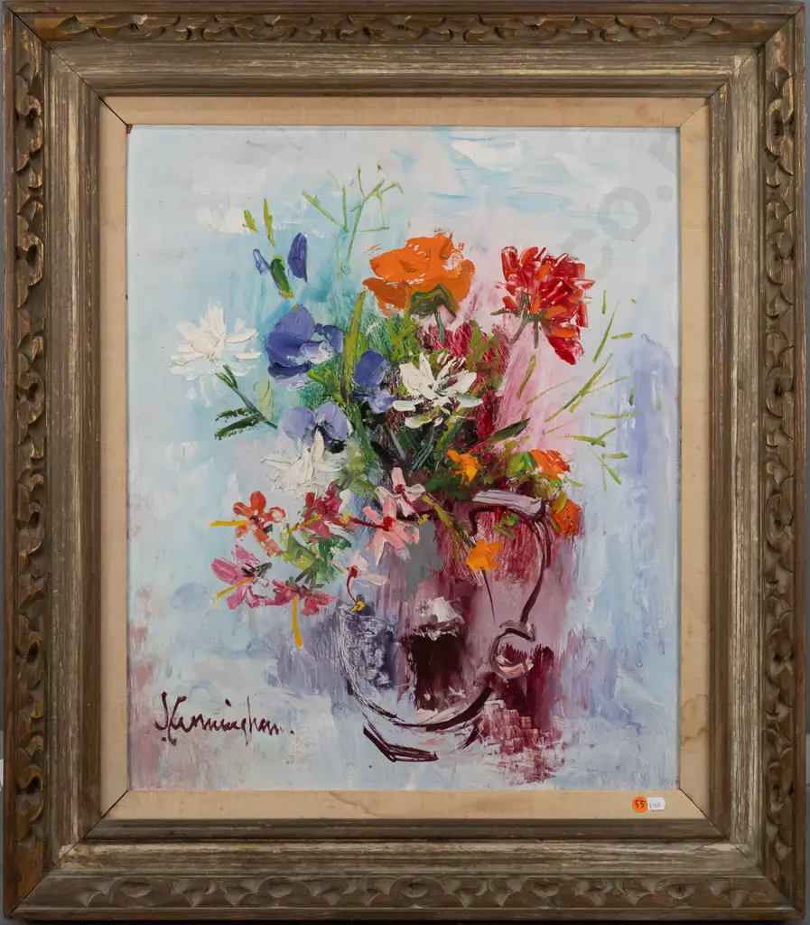 J Cunningham -- ornately framed oil on board, still life of flowers in vase H-600 W-500 [some water stains to frame, Image 1++