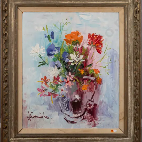 J Cunningham -- ornately framed oil on board, still life of flowers in vase H-600 W-500 [some water stains to frame,