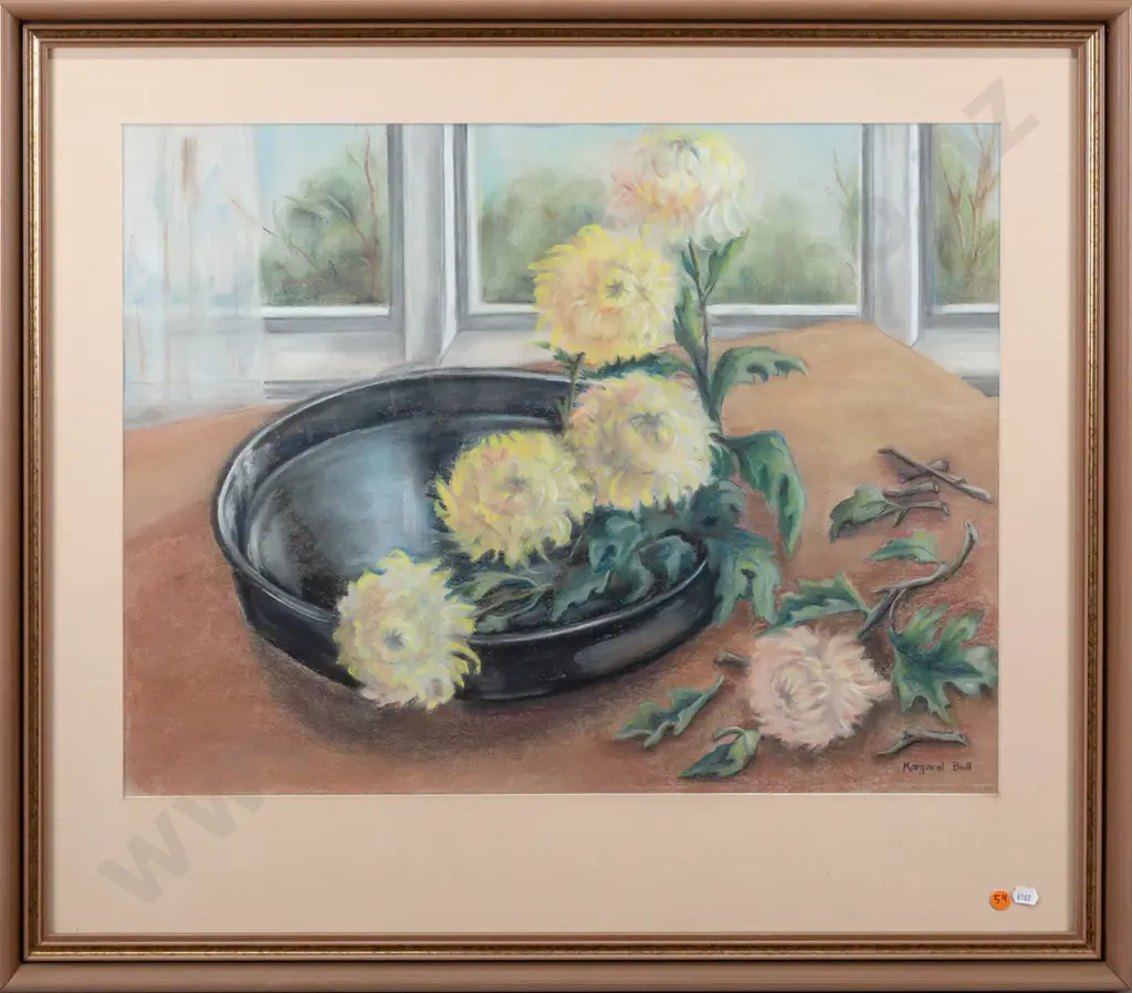 Margaret Bell -- framed pastel on paper, chrysanthemums by window, H-475 W-620 [some dust behind glass] Image 1++