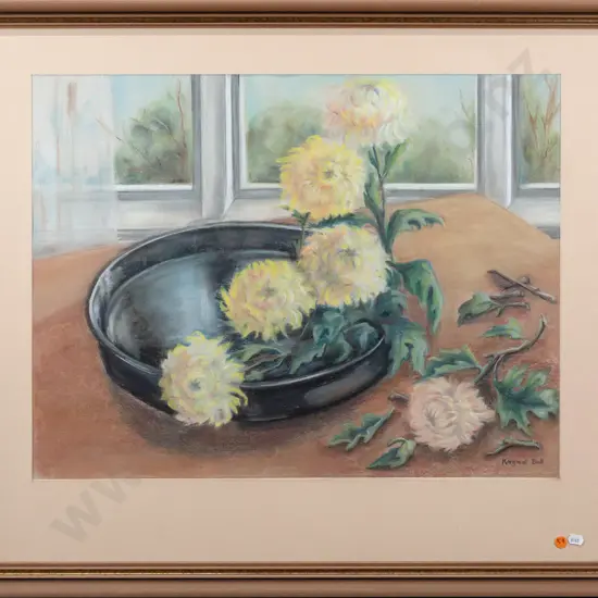 Margaret Bell -- framed pastel on paper, chrysanthemums by window, H-475 W-620 [some dust behind glass]