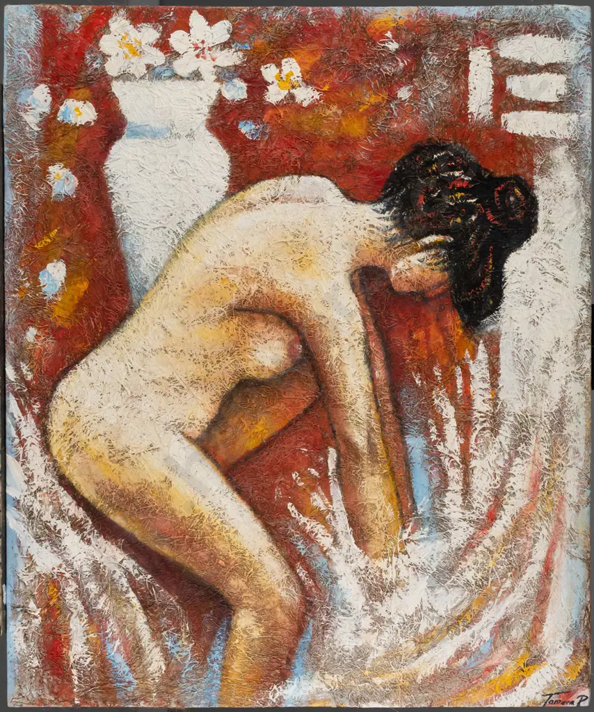 Illegible signature -- acrylic and fibres on canvas stretched on board, woman at bath H-575 W-480 Image 1++