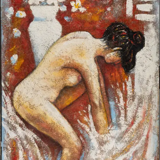 Illegible signature -- acrylic and fibres on canvas stretched on board, woman at bath H-575 W-480