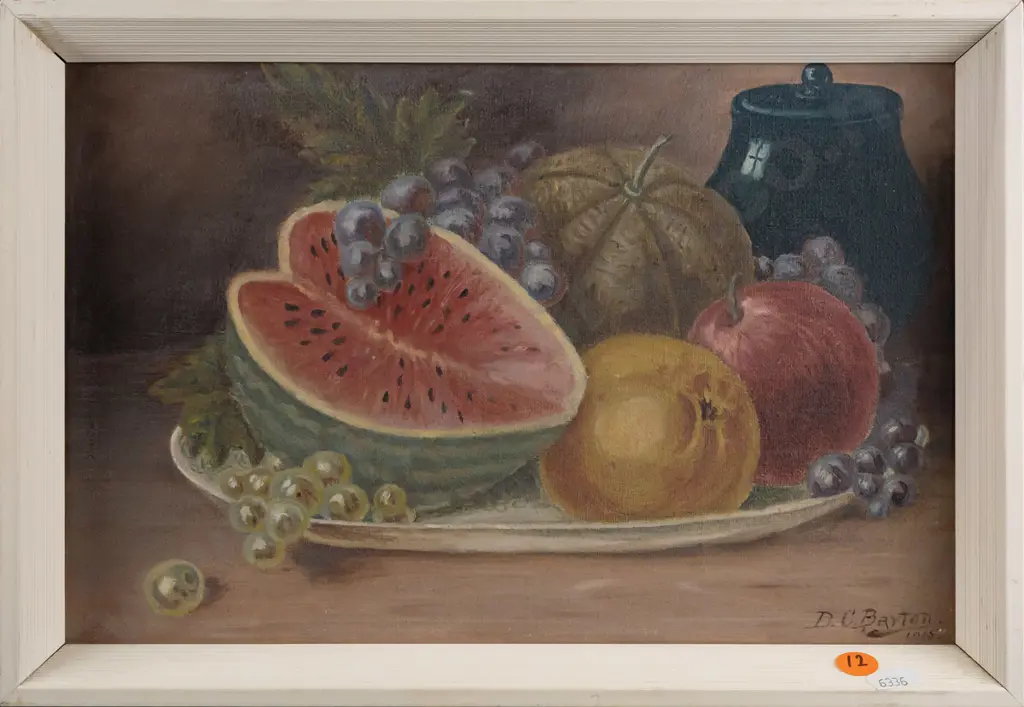 D C Barton -- framed oil on stretched canvas, still life w/ watermelon grapes etc 1915 H-190 W-295 Image 1++