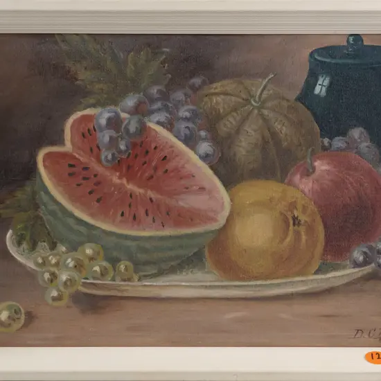 D C Barton -- framed oil on stretched canvas, still life w/ watermelon grapes etc 1915 H-190 W-295