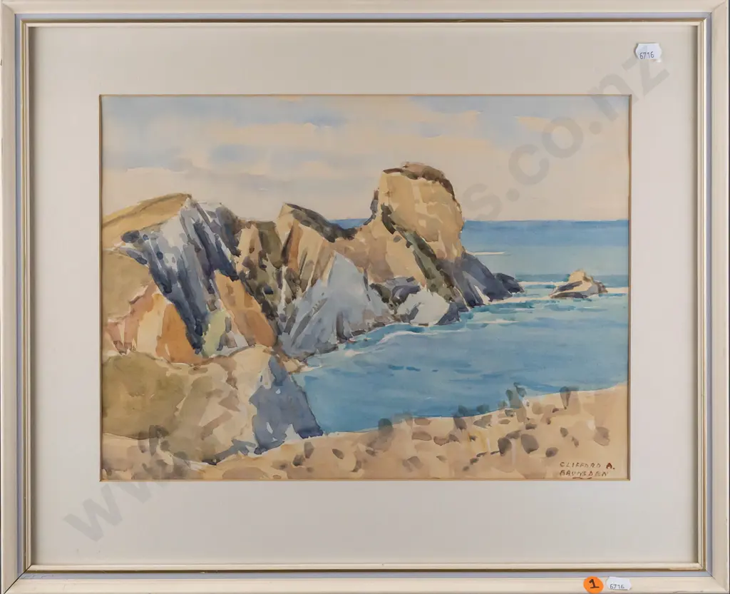 Clifford A Brunsden -- framed watercolour on paper "Karitane Cliffs 1964" H-270 W-370 Image 1++