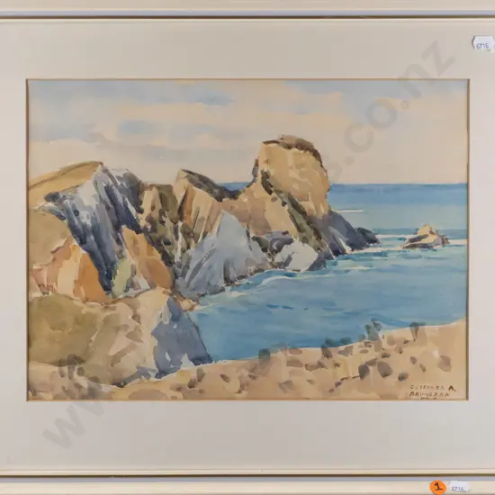 Clifford A Brunsden -- framed watercolour on paper "Karitane Cliffs 1964" H-270 W-370