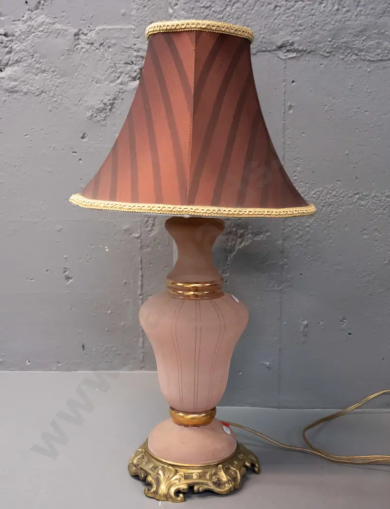 Italian style table lamp - frosted pink glass with gilt bands, on rococo style cast brass base, striped brown shade Image 1++