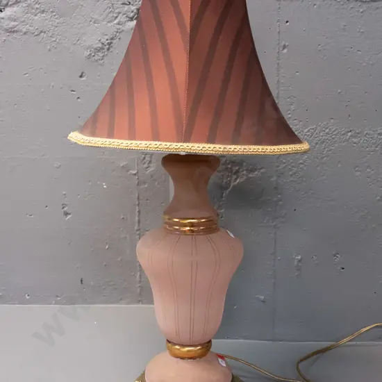 Italian style table lamp - frosted pink glass with gilt bands, on rococo style cast brass base, striped brown shade