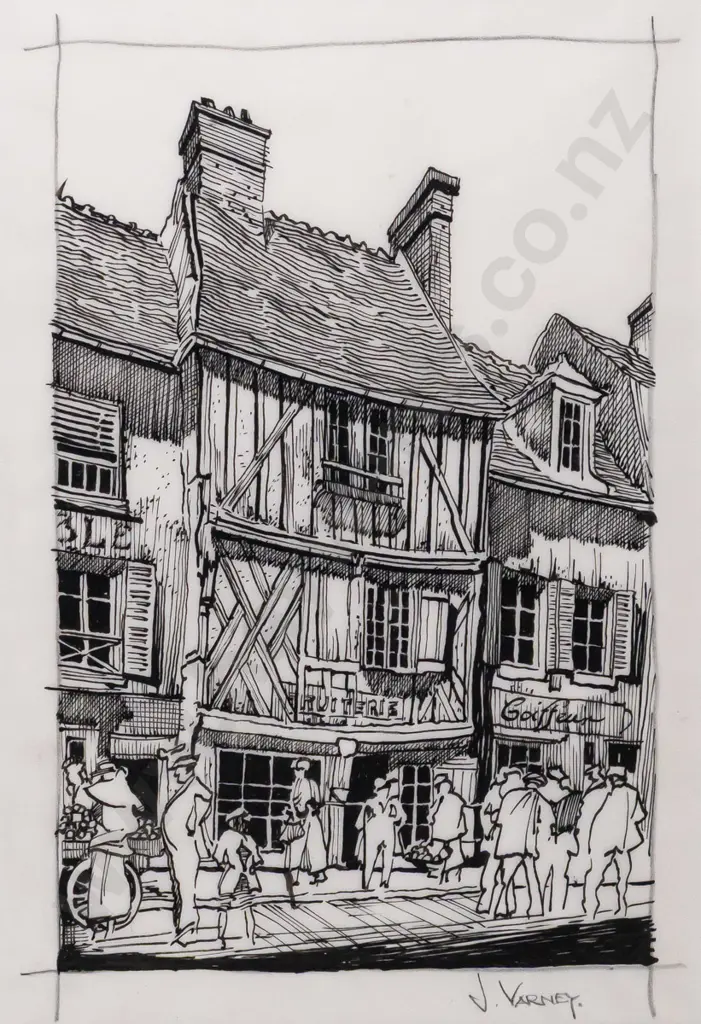 John Varney -- framed ink on paper, European street scene. H-250 W-170 Image 1++
