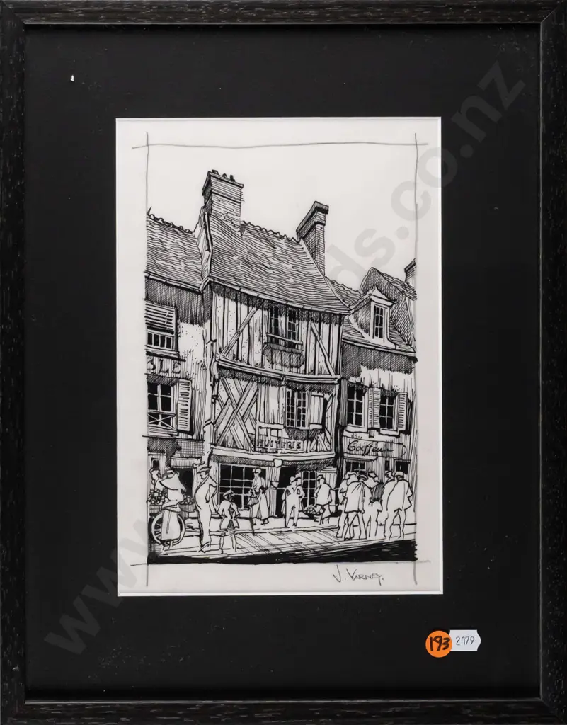 John Varney -- framed ink on paper, European street scene. H-250 W-170 Image 1++