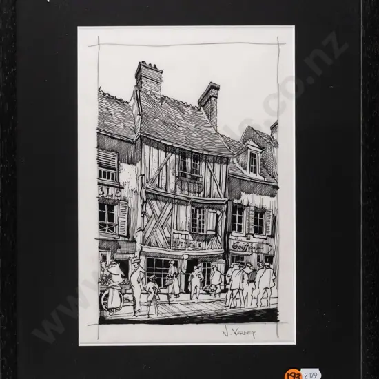 John Varney -- framed ink on paper, European street scene. H-250 W-170