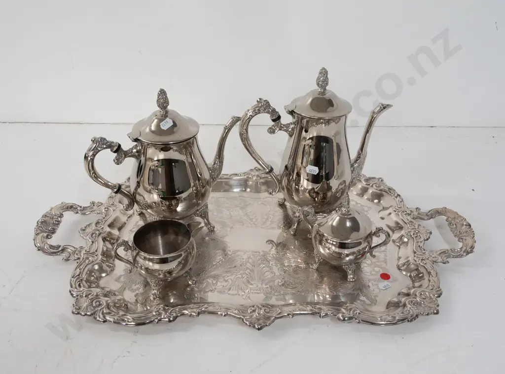 silver plated tea service on handled tray with Sherwood maker's sticker. Hot water jug H-260 Tray L- 640 W-375 Image 1++