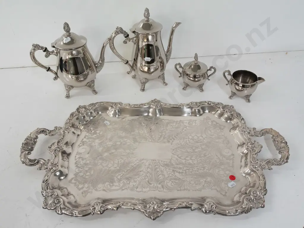 silver plated tea service on handled tray with Sherwood maker's sticker. Hot water jug H-260 Tray L- 640 W-375 Image 1++