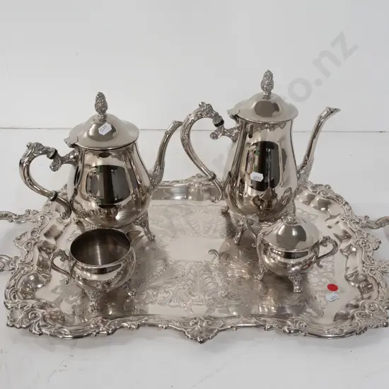 silver plated tea service on handled tray with Sherwood maker's sticker. Hot water jug H-260 Tray L- 640 W-375