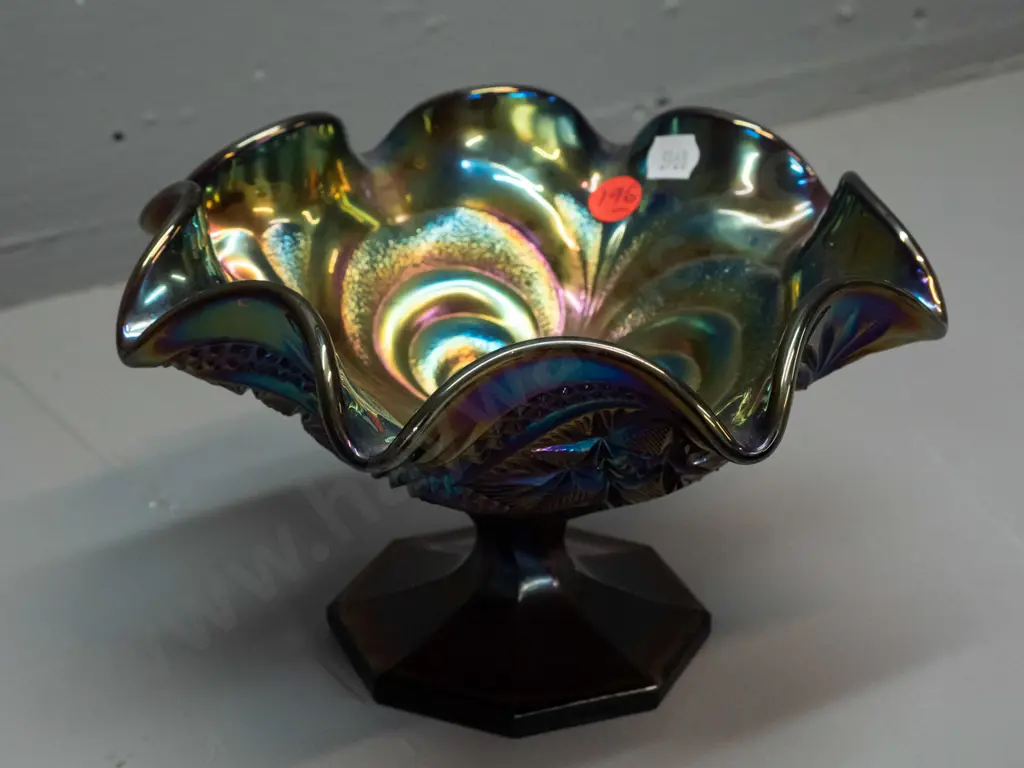 carnival glass comport bowl - dark red glass, geometric pattern, H-115 D-190 Image 1++