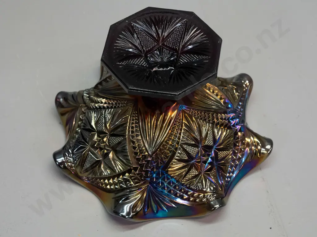 carnival glass comport bowl - dark red glass, geometric pattern, H-115 D-190 Image 1++