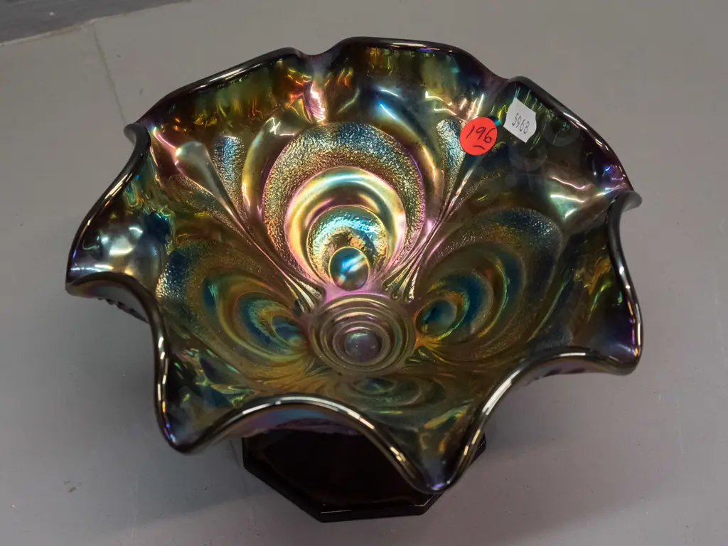 carnival glass comport bowl - dark red glass, geometric pattern, H-115 D-190 Image 1++