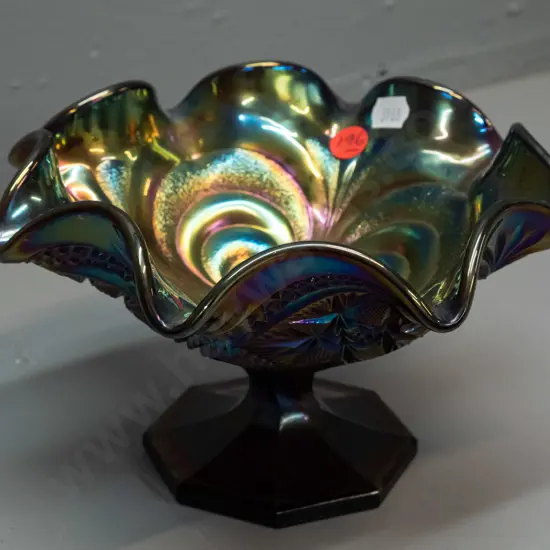 carnival glass comport bowl - dark red glass, geometric pattern, H-115 D-190