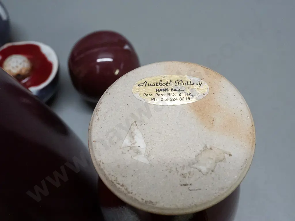 assorted studio pottery items - Hans Bauer Anathoth Pottery vase, tall Steiner NZ vase, 3 fruit ornaments, 2 w/ unknown Image 1++