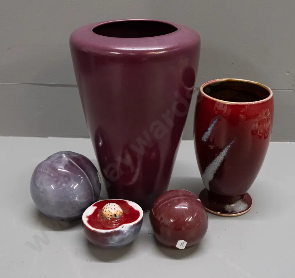 assorted studio pottery items - Hans Bauer Anathoth Pottery vase, tall Steiner NZ vase, 3 fruit ornaments, 2 w/ unknown Image 1++