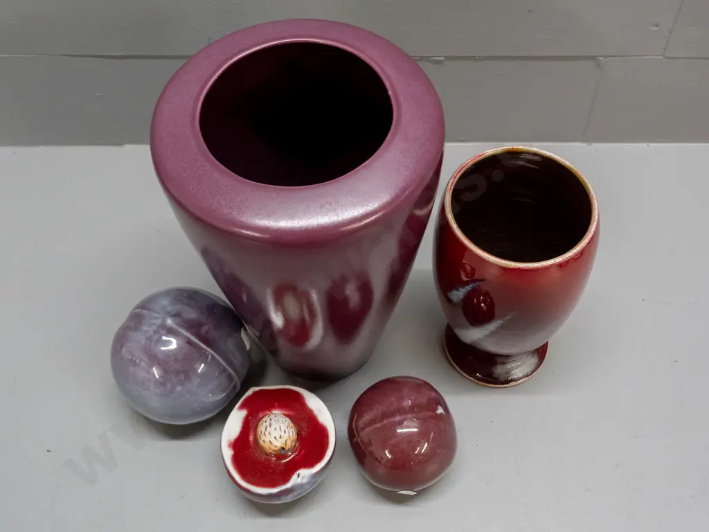 assorted studio pottery items - Hans Bauer Anathoth Pottery vase, tall Steiner NZ vase, 3 fruit ornaments, 2 w/ unknown Image 1++