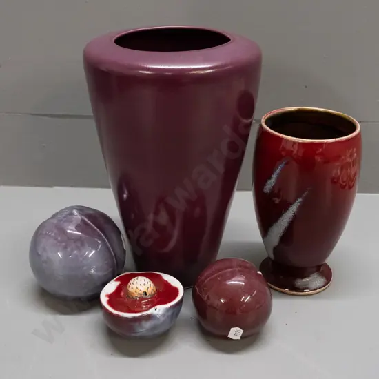 assorted studio pottery items - Hans Bauer Anathoth Pottery vase, tall Steiner NZ vase, 3 fruit ornaments, 2 w/ unknown