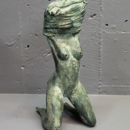 small cast brass or bronze figure of a woman with verdigiris patina finish H-260