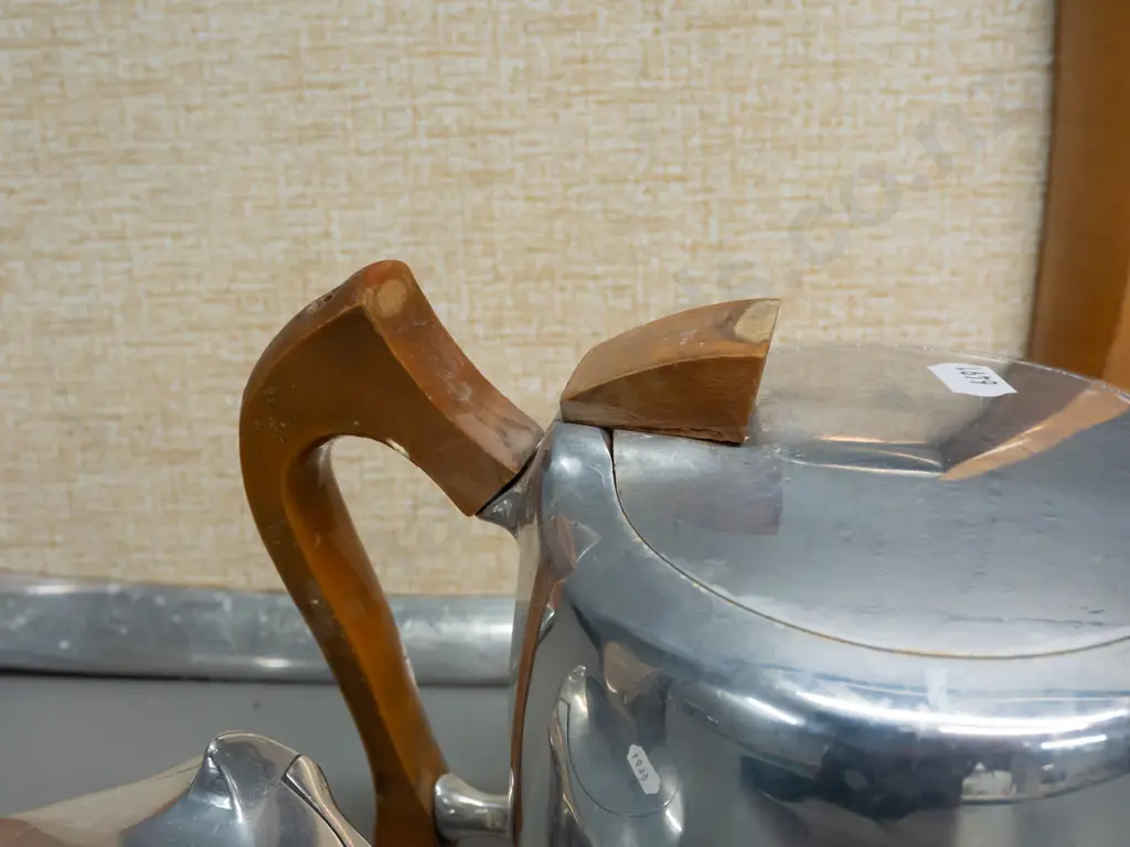 Piquot Ware English tea set with cast alloy bodies, wooden handles, matching tray with wooden handles and formica Image 1++