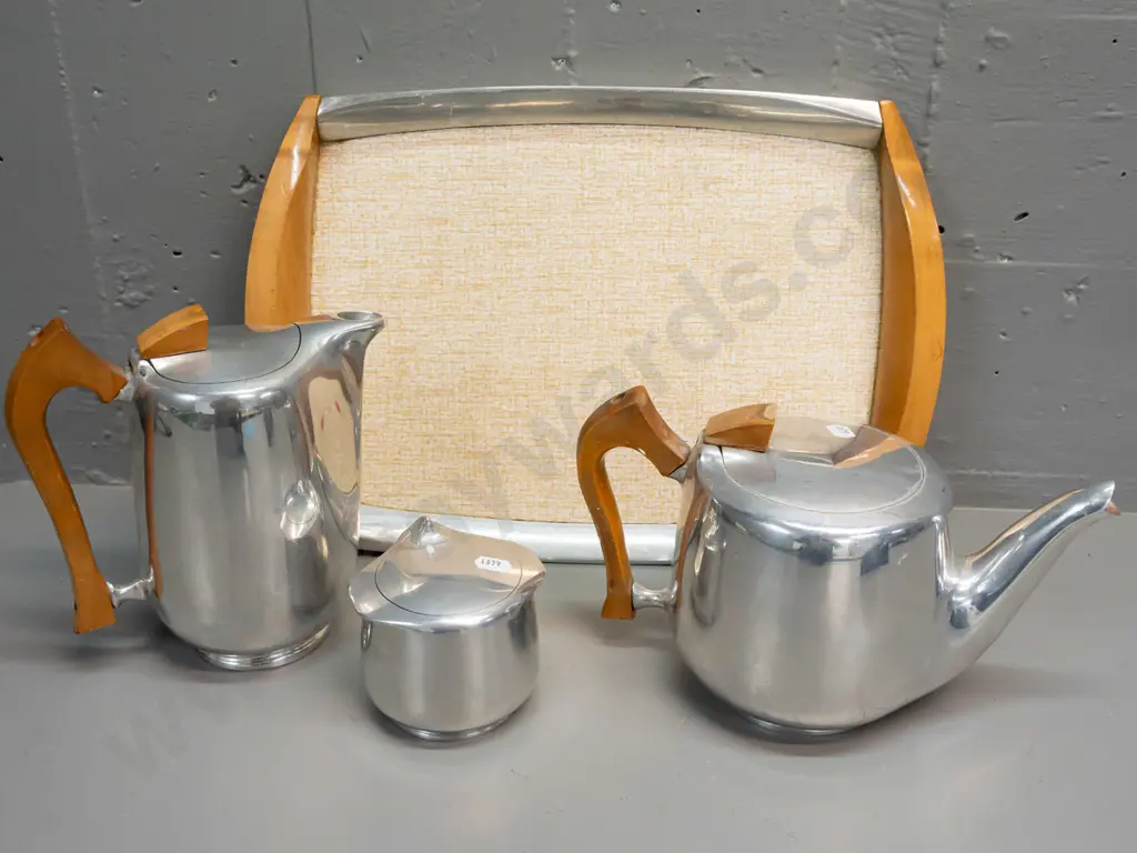 Piquot Ware English tea set with cast alloy bodies, wooden handles, matching tray with wooden handles and formica Image 1++
