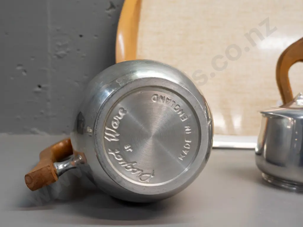 Piquot Ware English tea set with cast alloy bodies, wooden handles, matching tray with wooden handles and formica Image 1++