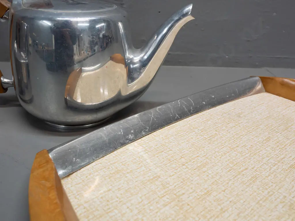 Piquot Ware English tea set with cast alloy bodies, wooden handles, matching tray with wooden handles and formica Image 1++