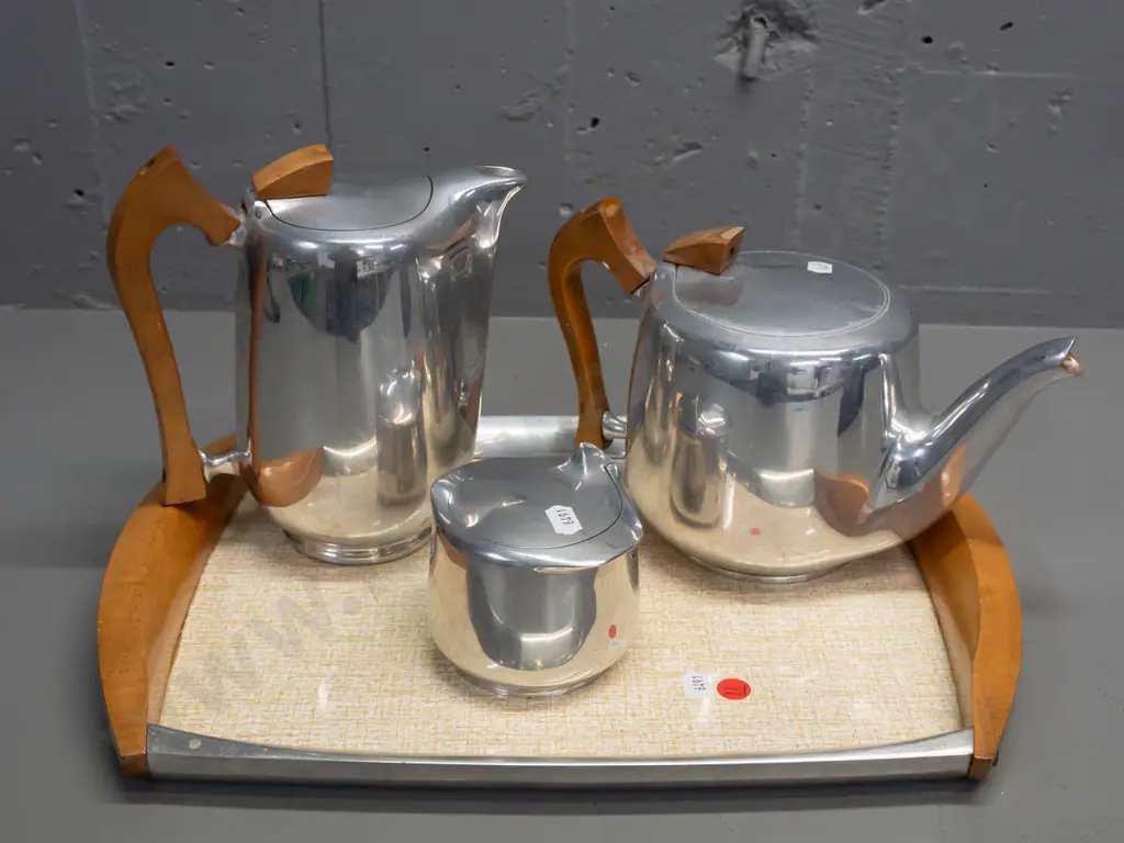 Piquot Ware English tea set with cast alloy bodies, wooden handles, matching tray with wooden handles and formica Image 1++