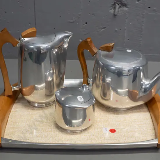 Piquot Ware English tea set with cast alloy bodies, wooden handles, matching tray with wooden handles and formica