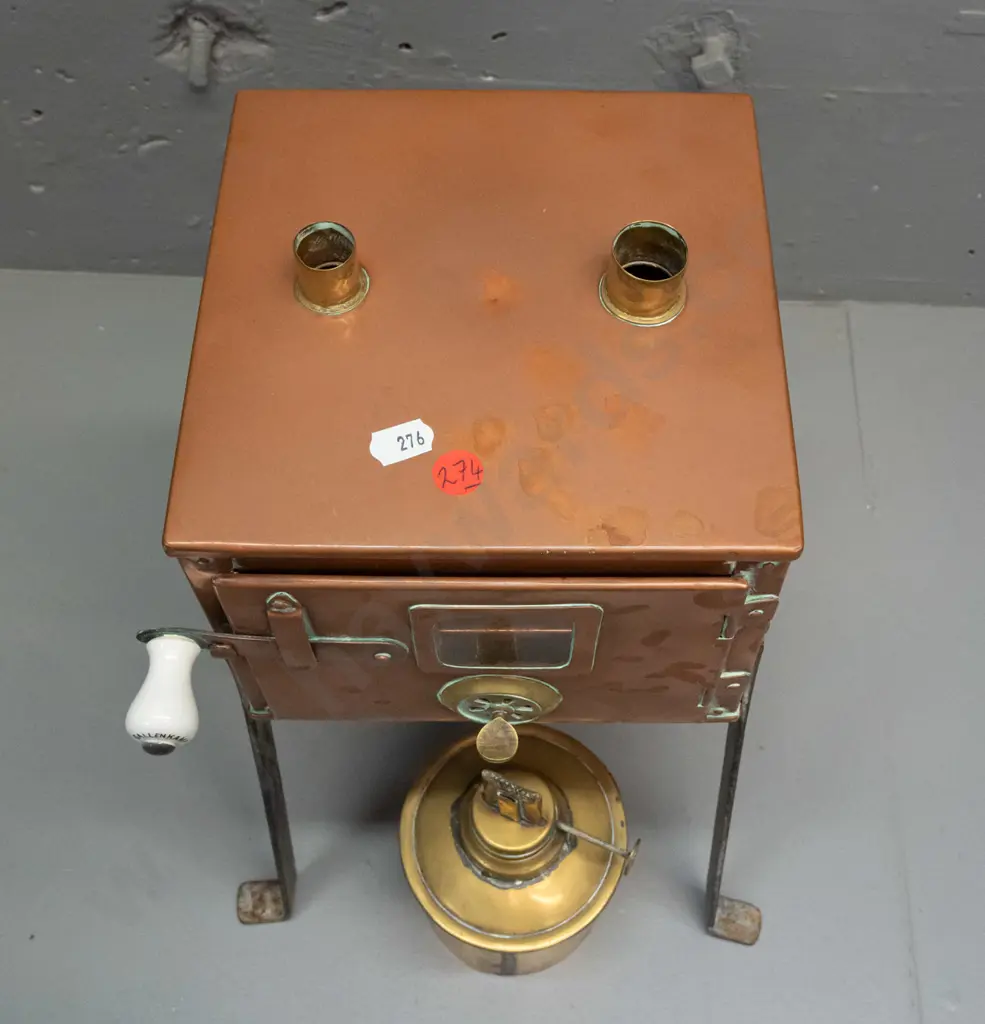 vintage Gallenkamp London copper laboratory drying oven / incubator with copper body, brass fittings, wrought iron legs, Image 1++