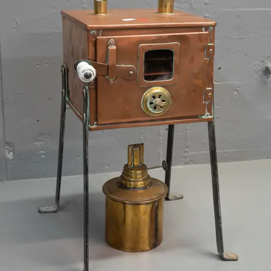 vintage Gallenkamp London copper laboratory drying oven / incubator with copper body, brass fittings, wrought iron legs,