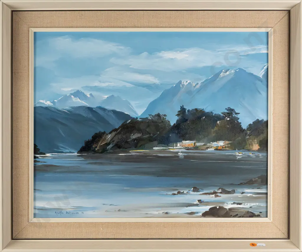 Maurice Buckland -- framed oil on canvas board "Waiau River" 1973 H-390 W-495 Image 1++