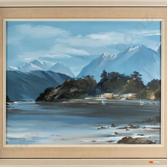 Maurice Buckland -- framed oil on canvas board "Waiau River" 1973 H-390 W-495