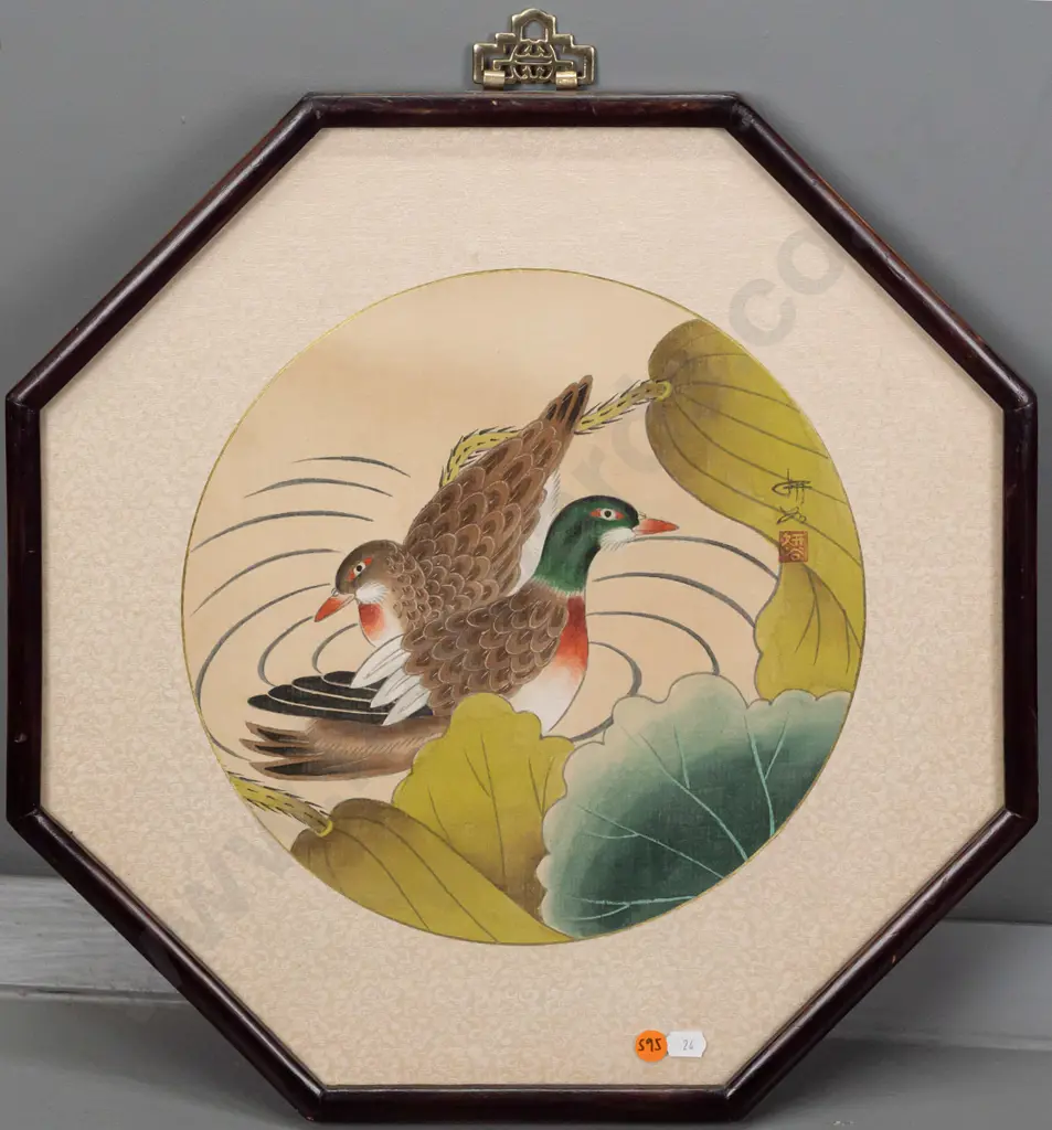 Octagonally framed Asian painting on silk, waterfowl H-420 W-420 Image 1++